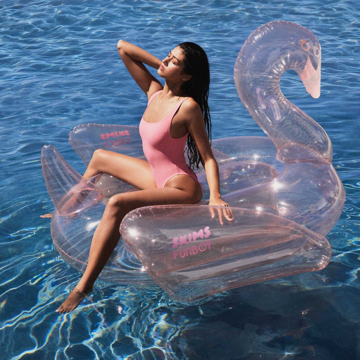 SKIMS x FUNBOY Cherry Blossom Clear Swan Pool Float | Funboy Online