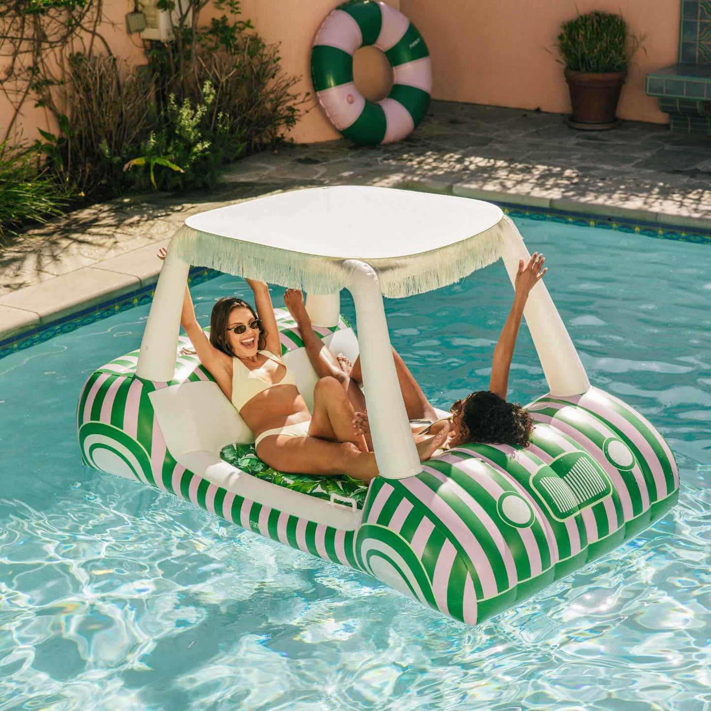 Green & Pink Palm Cabana Golf Cart Pool Float, Removable Shade | Funboy On Sale