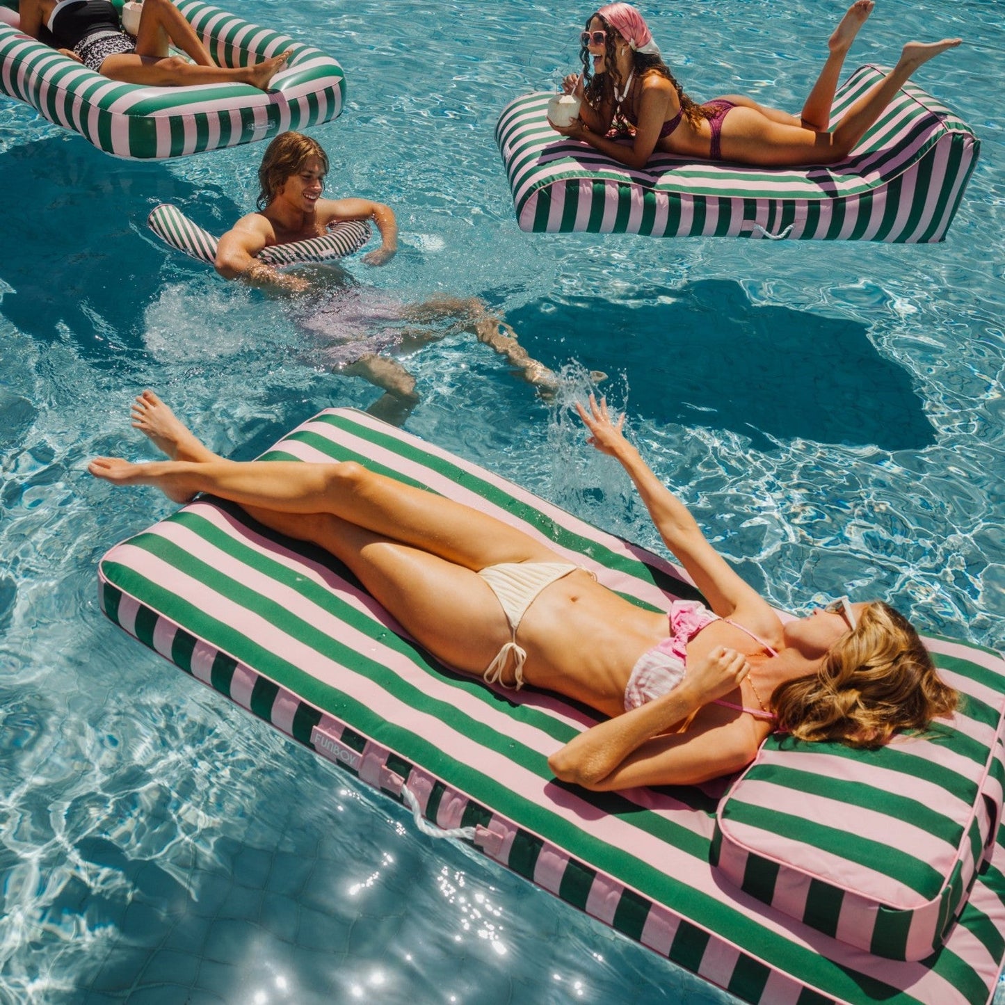Fabric Covered Flat Lounger Pool Float - Pink & Green | Funboy Discount