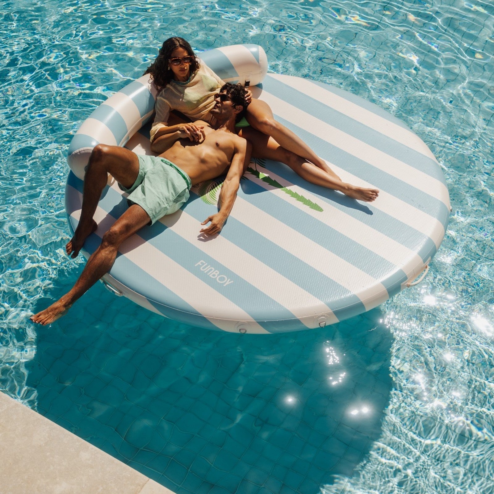 Inflatable Floating Dock: White, Blue Stripes Palm | Funboy New
