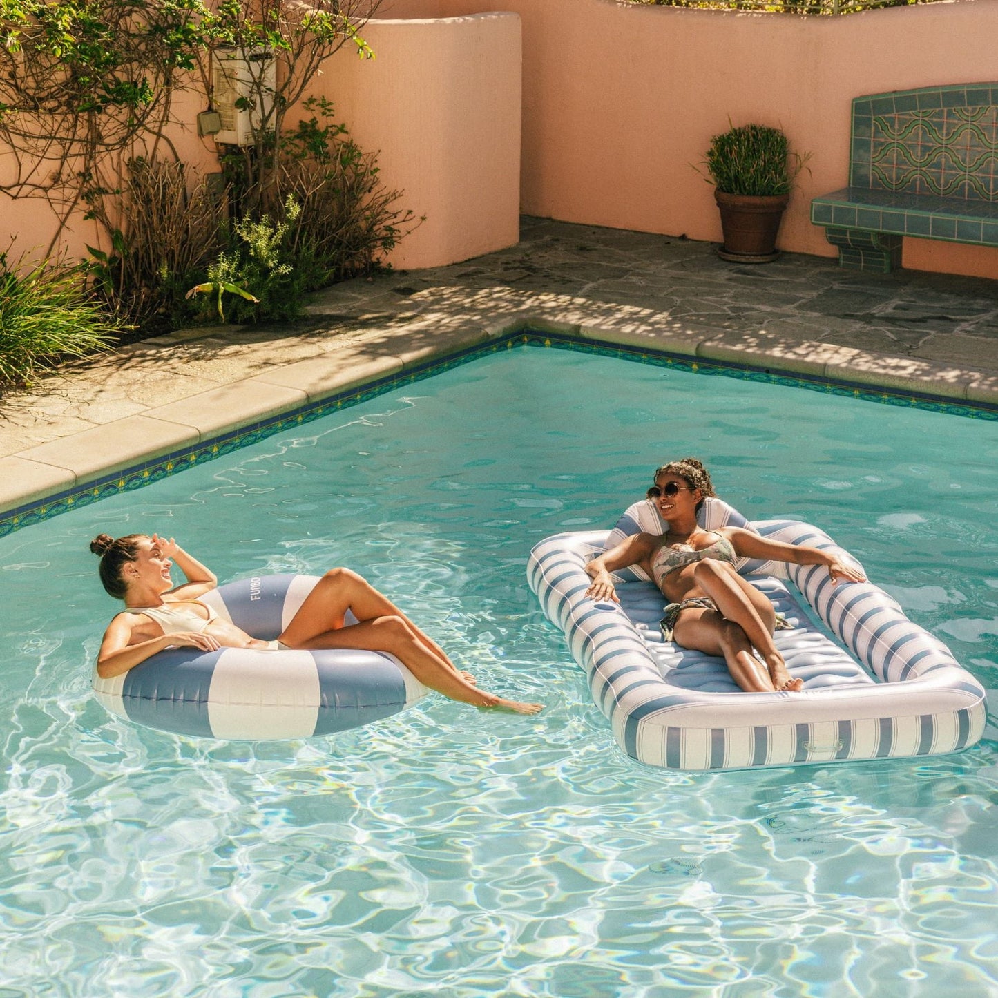 Large Pool Tube Float: Denim Blue Orange & White Stripes, 46" | Funboy On Sale