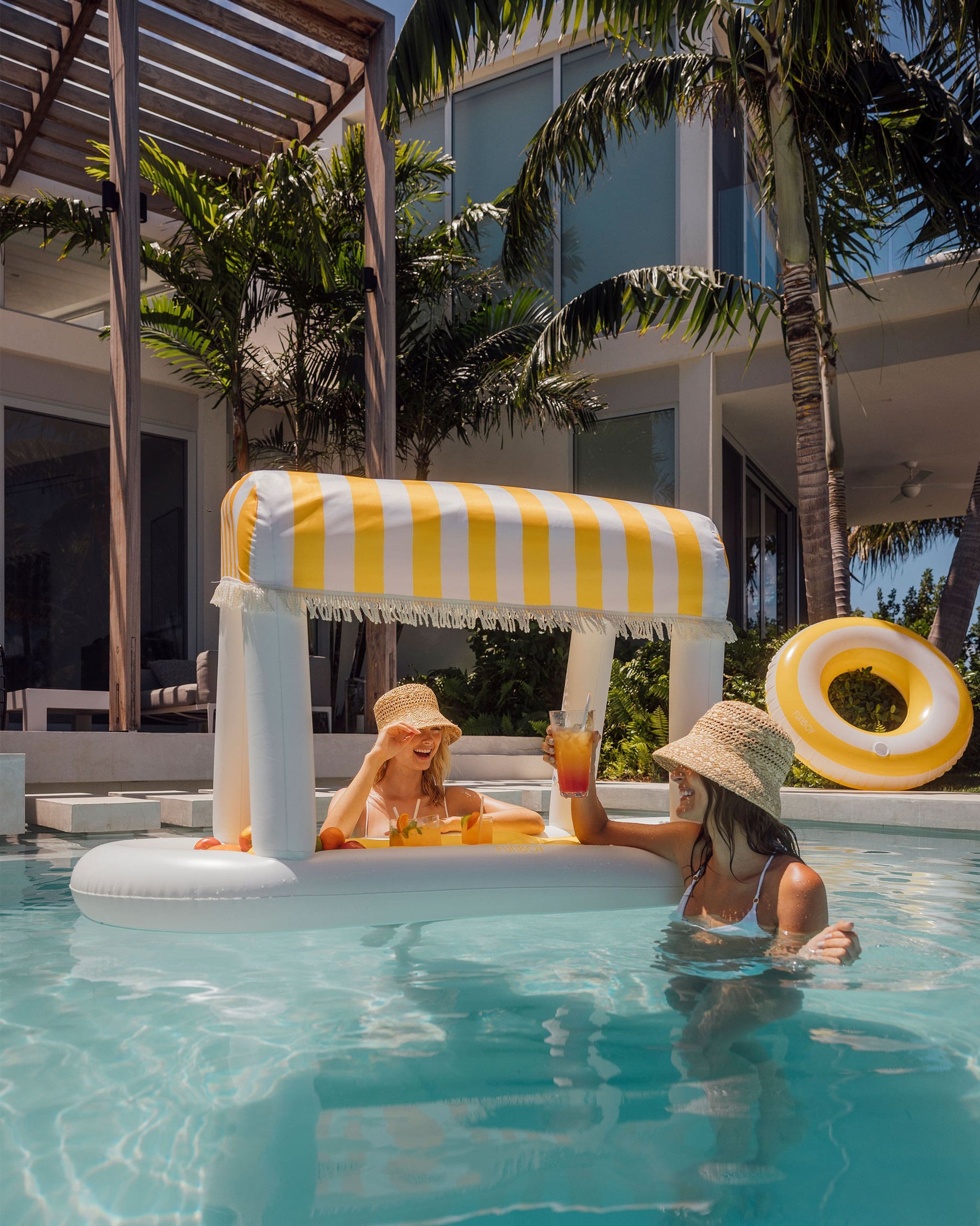 Yellow & White Striped Floating Cabana Bar | Funboy For Sale