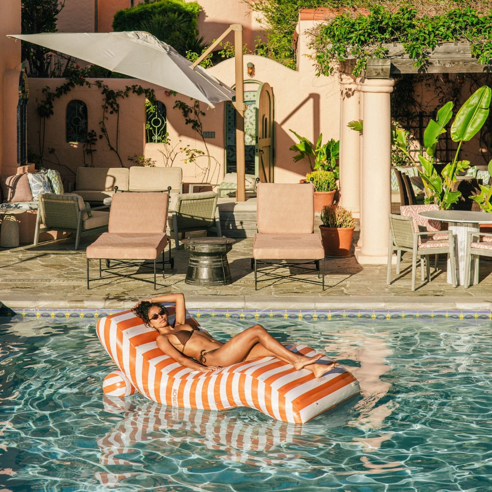 Orange Striped Chaise Lounger Pool Float | Funboy Online