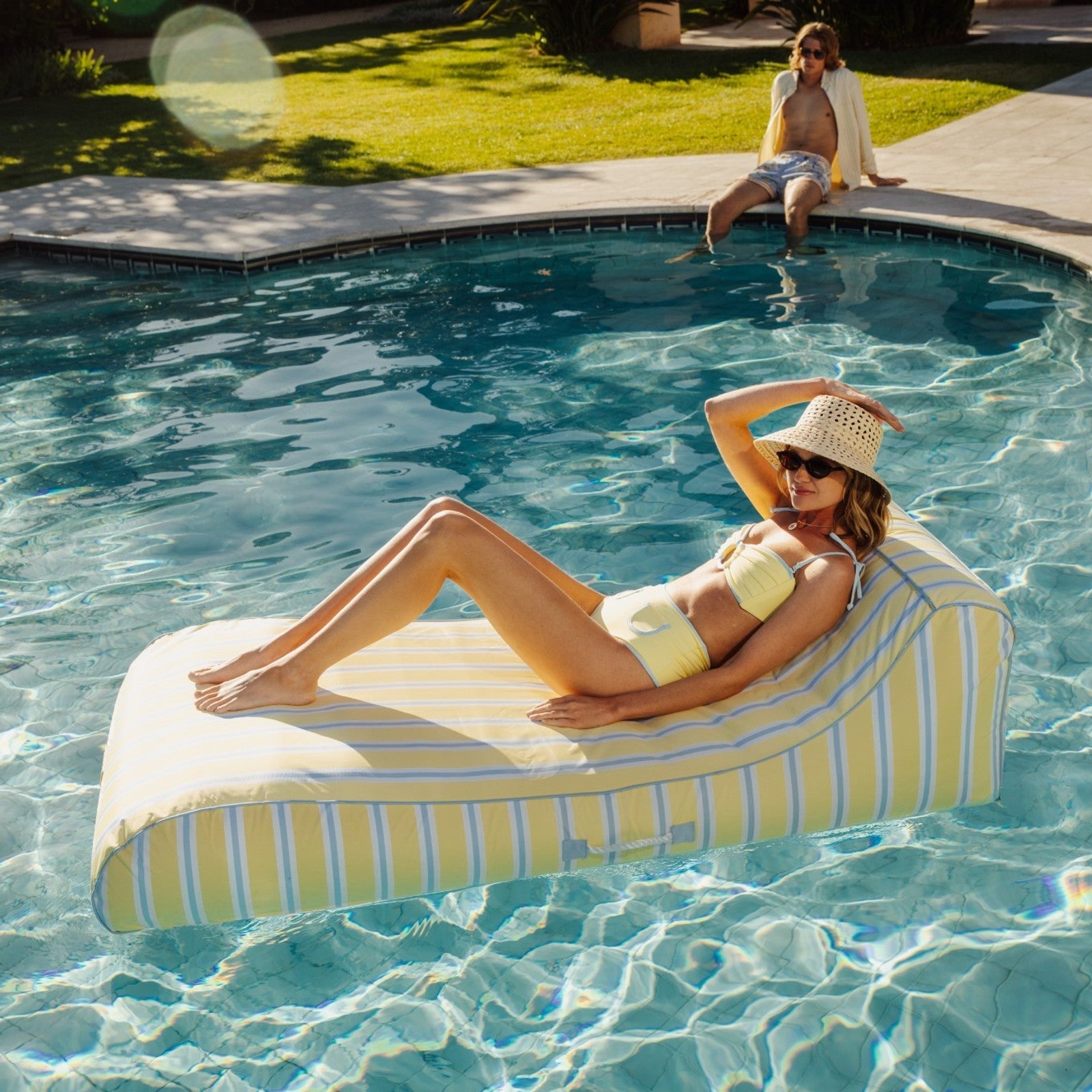Fabric Covered Pool Float - Yellow, Blue & White Striped Sunbed Lounger | Funboy For Sale