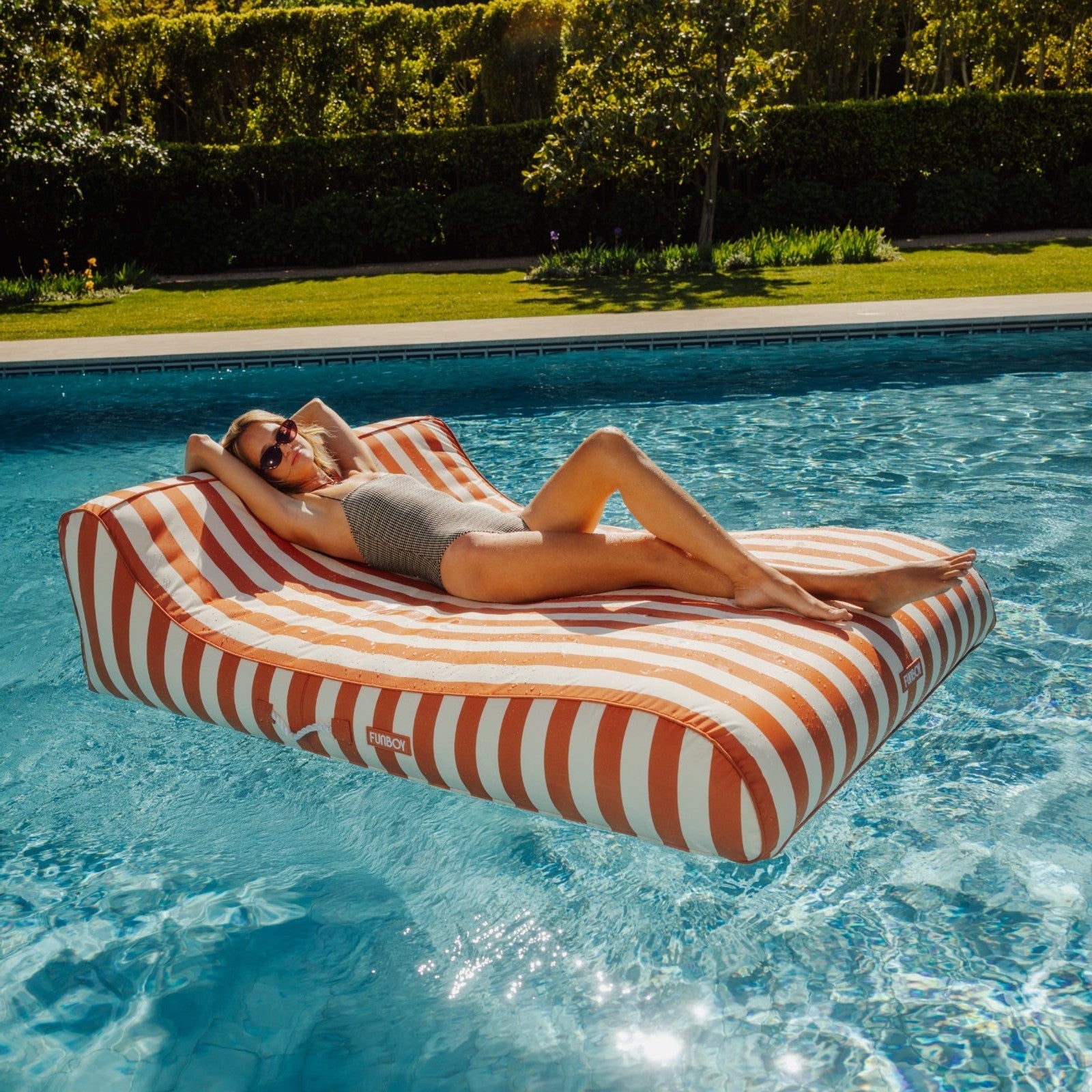 XL Fabric Covered Pool Float Sunbed Lounger - Orange Cabana Stripes | Funboy For Sale