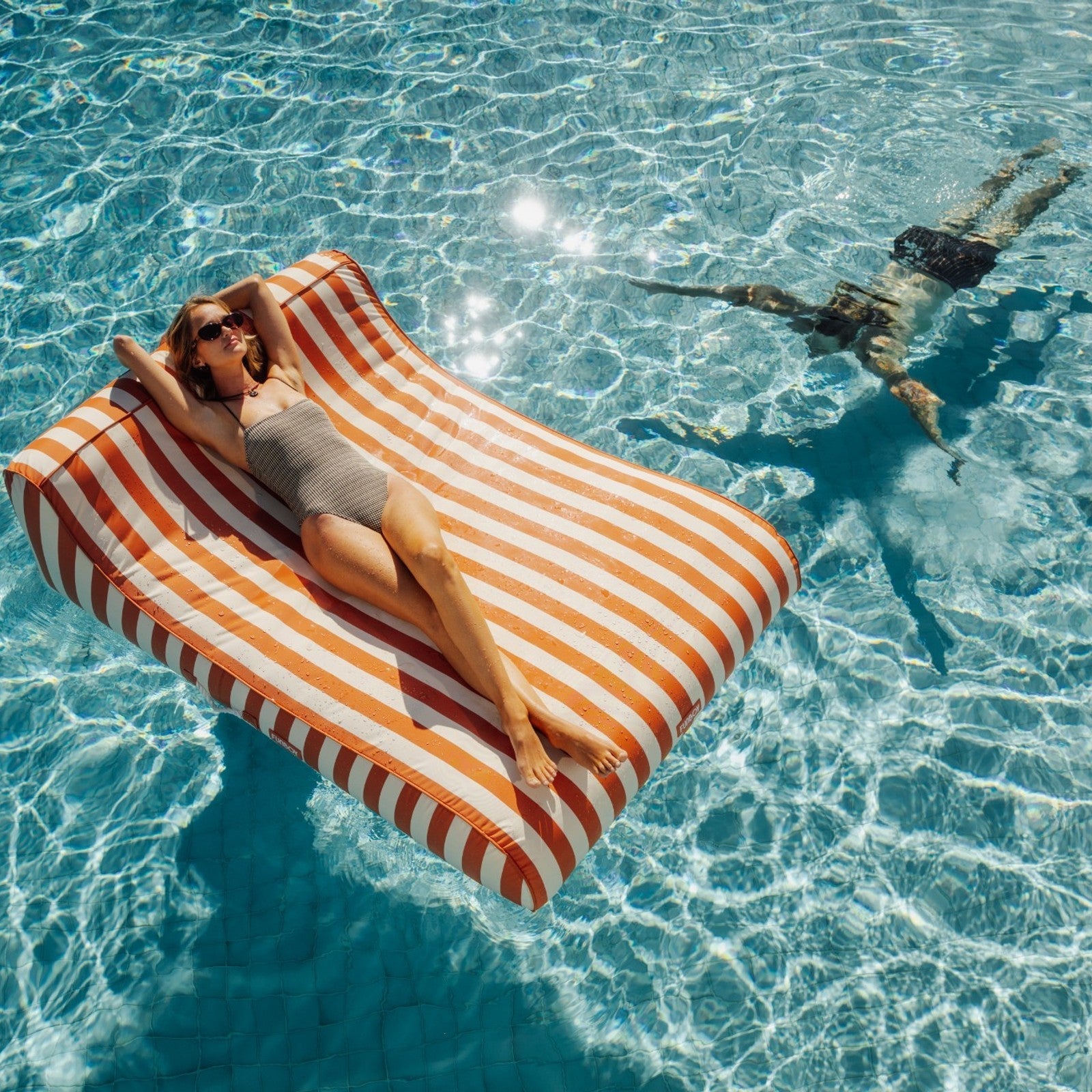 XL Fabric Covered Pool Float Sunbed Lounger - Orange Cabana Stripes | Funboy For Sale