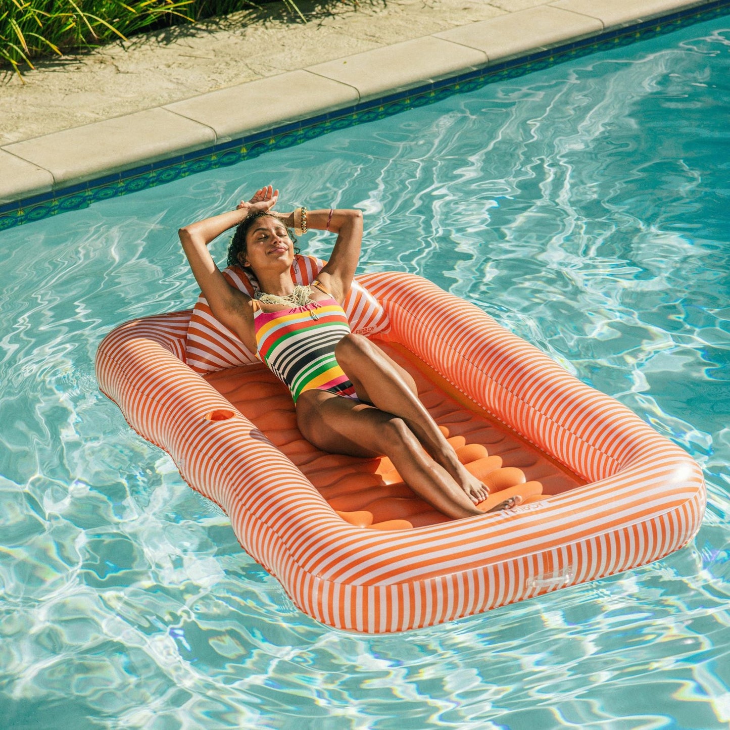 Tanning Pool Lounger: Orange White Stripes | Funboy Near Me