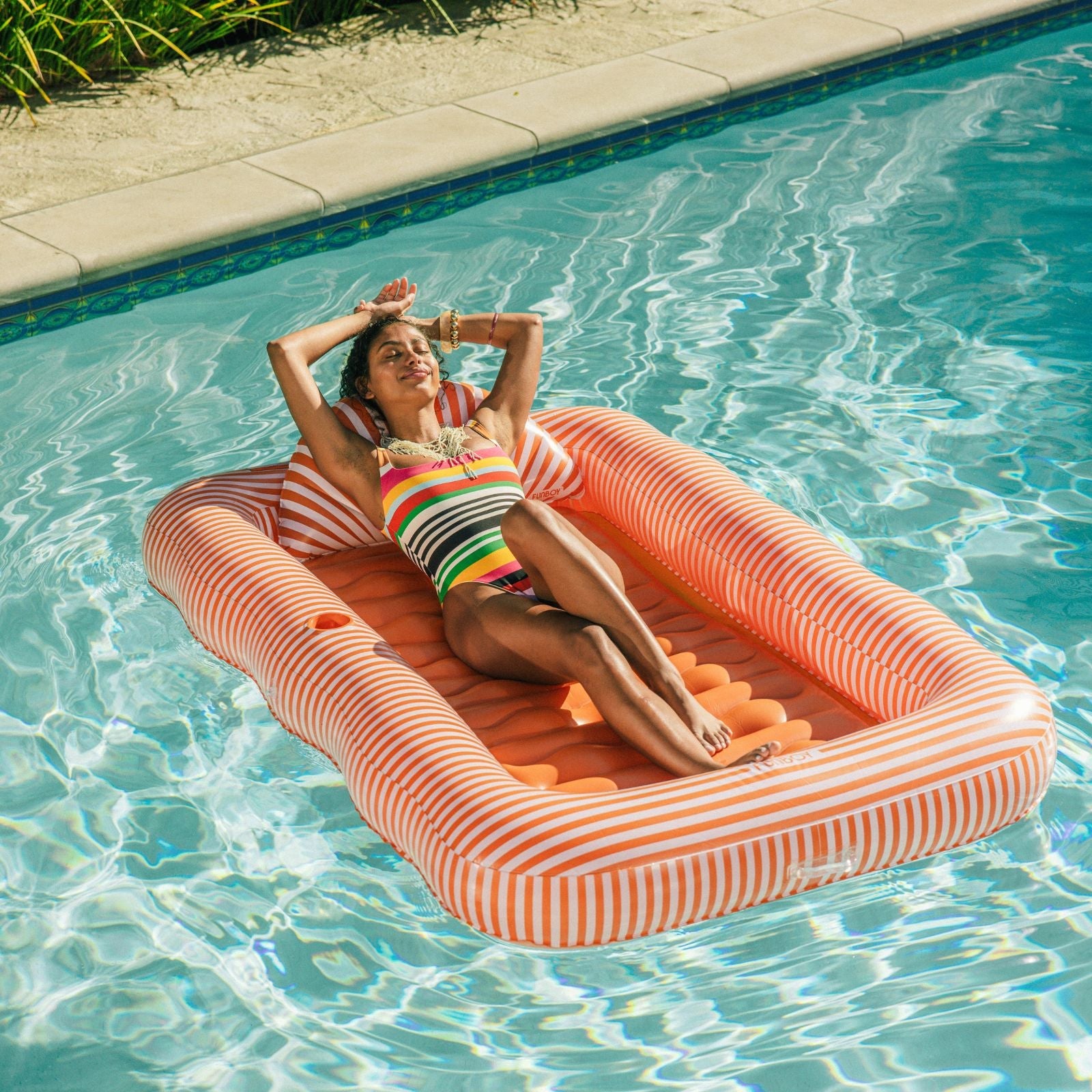 Tanning Pool Lounger: Orange White Stripes | Funboy Near Me
