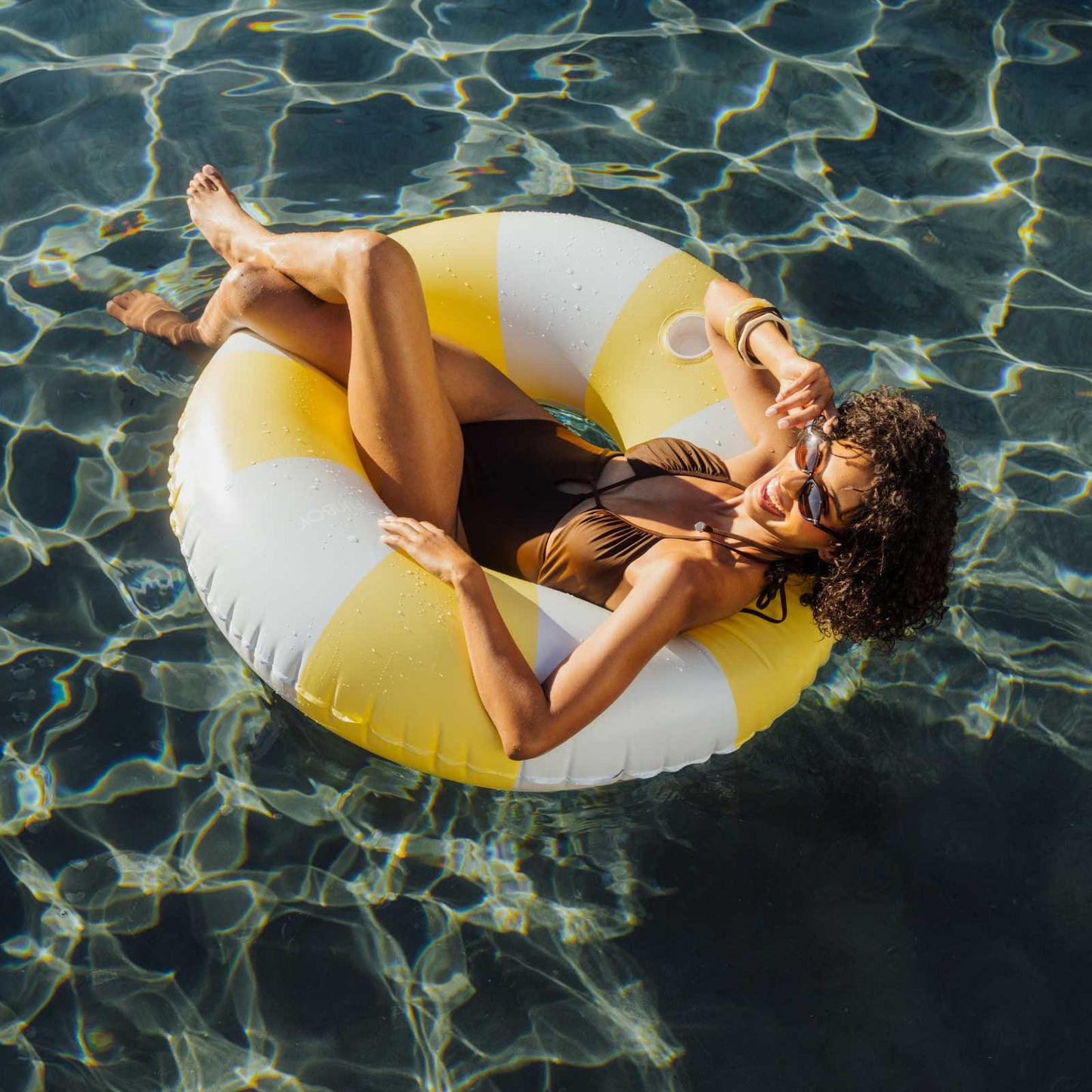 Large Pool Tube Float: Butter Yellow and Blue Stripes, 48" | Funboy New