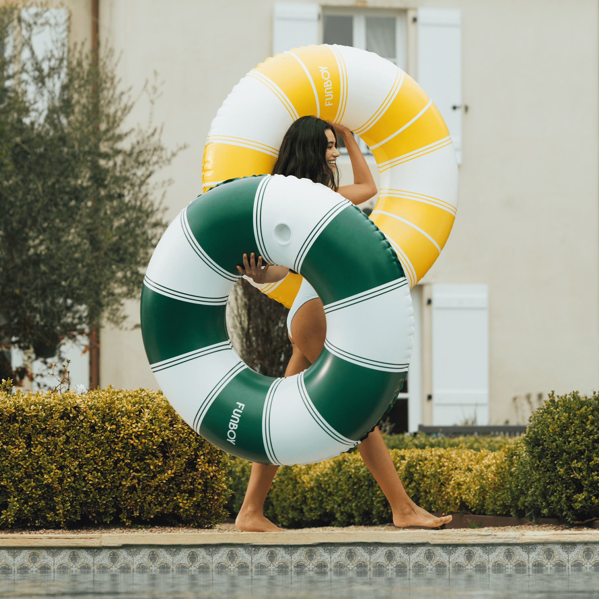 Vintage Green Stripe Inflatable Pool Float with Cup Holder 48" | Funboy New