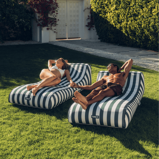 Fabric Covered Sunbed Lounger Pool Float. Green Striped 2 Pack | Funboy For Sale