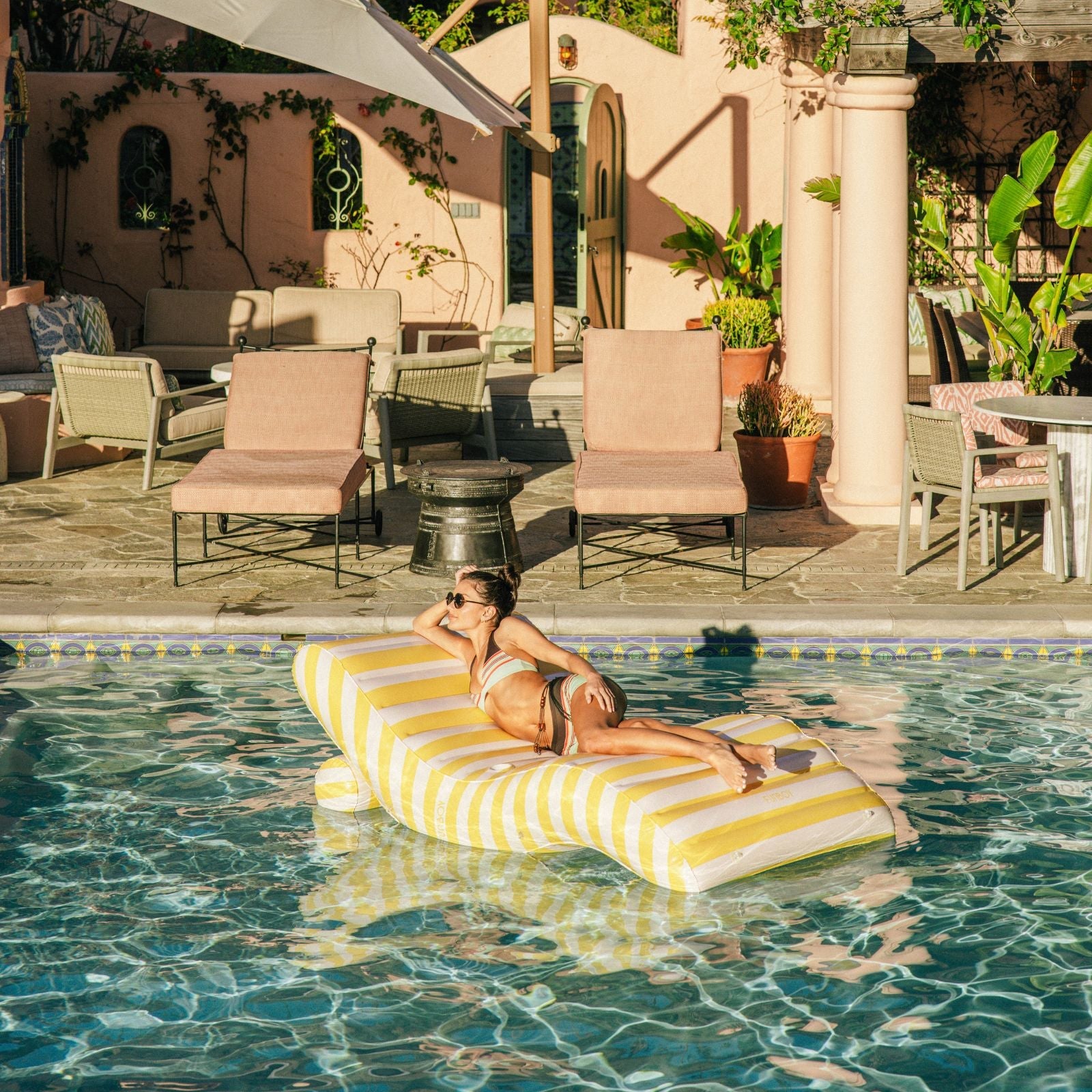 Yellow Striped Chaise Lounger Pool Float | Funboy On Sale