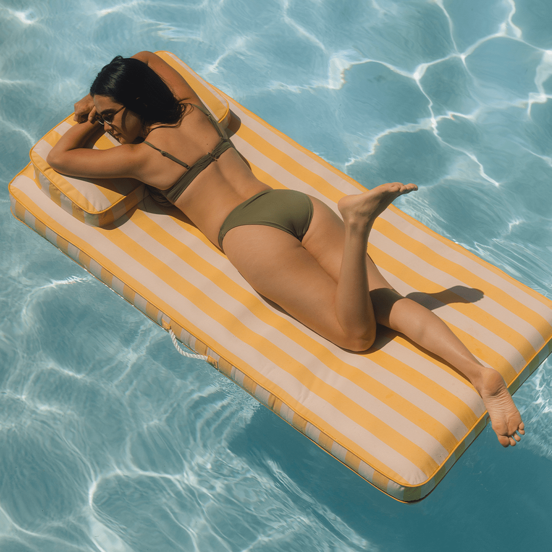 Fabric Classic Mat Lounger Pool Float - Yellow Cabana Stripe | Funboy Online