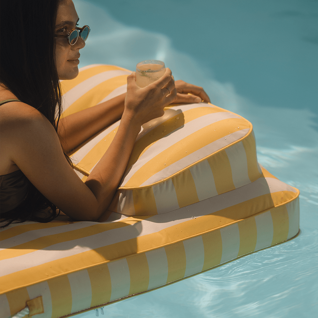 Fabric Classic Mat Lounger Pool Float - Yellow Cabana Stripe | Funboy Online