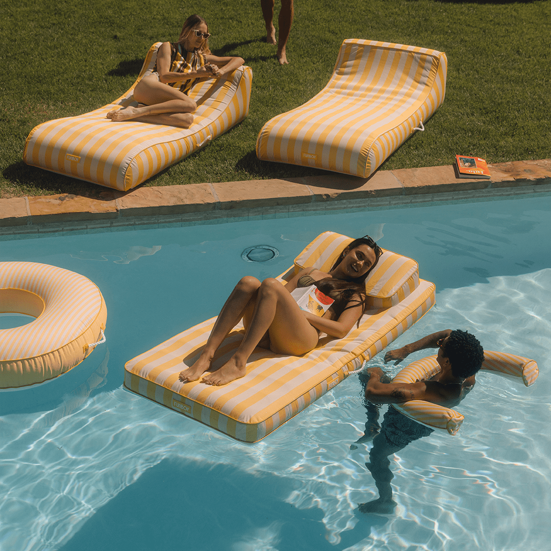 Fabric Classic Mat Lounger Pool Float - Yellow Cabana Stripe | Funboy Online